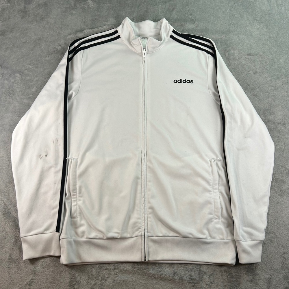 Adidas Mens Track Jacket White Black Three Stripe Full Zip Large